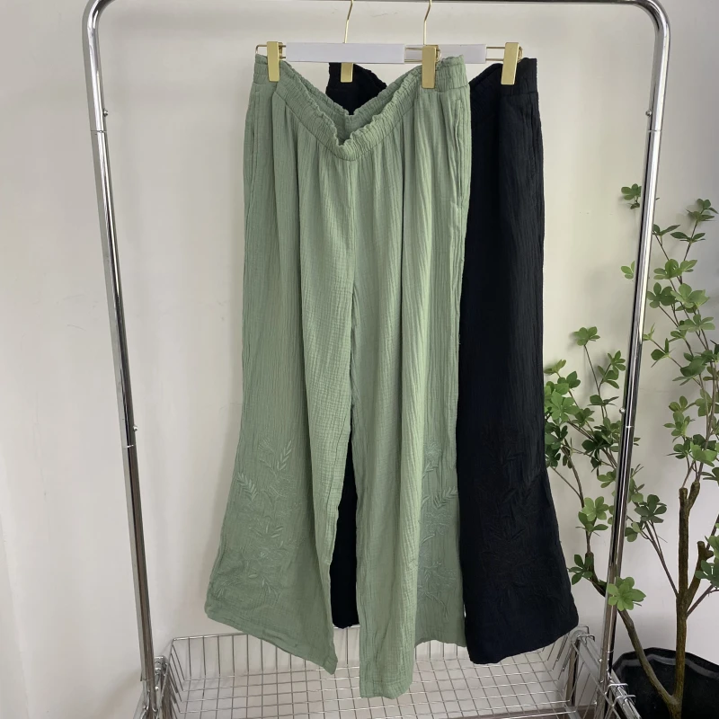 FF6410外贸欧美大码阔腿裤松紧腰宽松绣花胖MM长裤