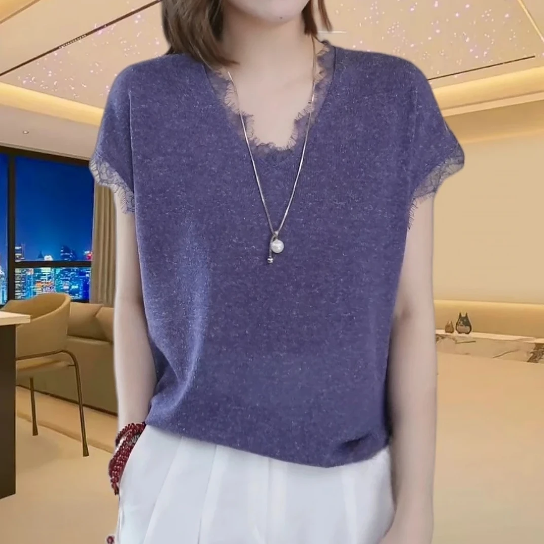 夏季大码洋气蕾丝花边V领显瘦时尚百搭设计感T恤宽松女短袖针织衫