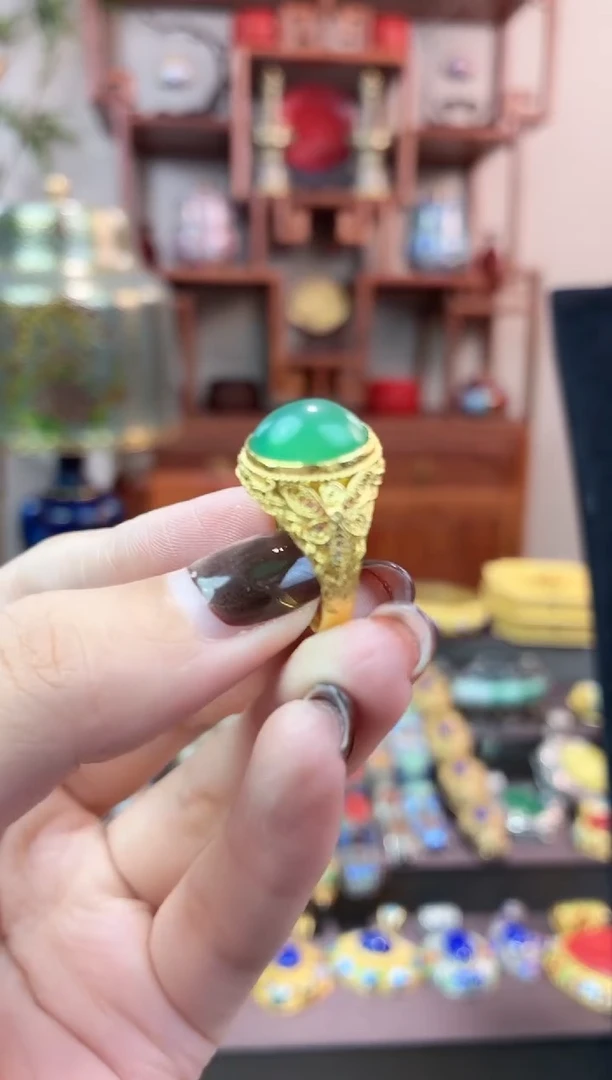 非遗手工花丝镶嵌戒指小绿色