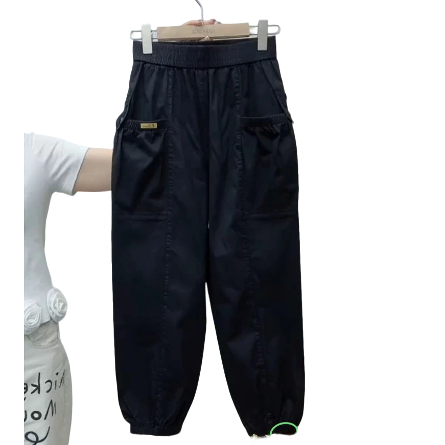 2025流行九分裤薄款女裤宽松版灯笼裤绿色夏季纯色松紧腰时尚黑色