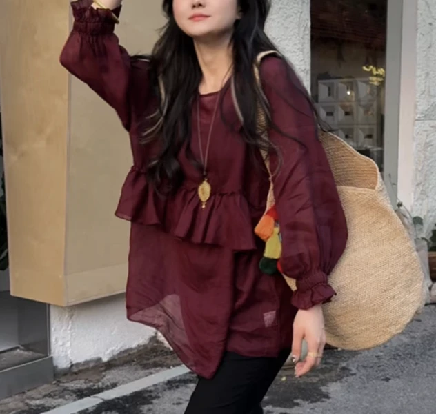 museguhui/木色古汇82565#拼接荷叶边设计款纯色百搭气质苎麻衫