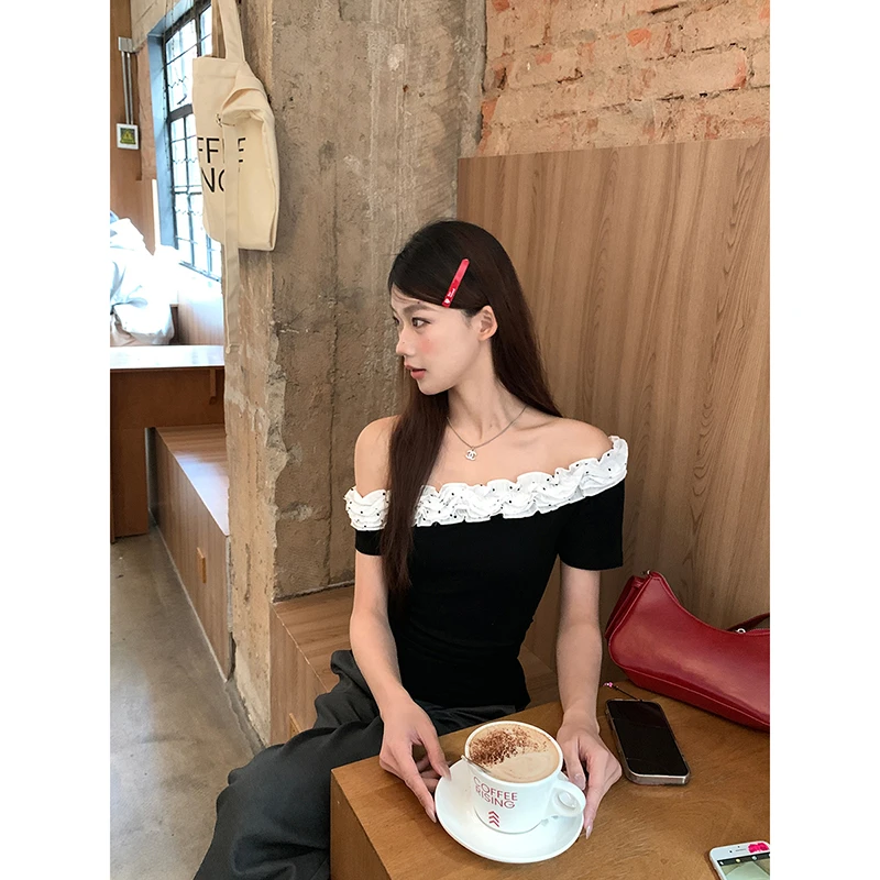 【维拉】夏季气质甜辣木耳花边一字肩短袖T恤252V1656