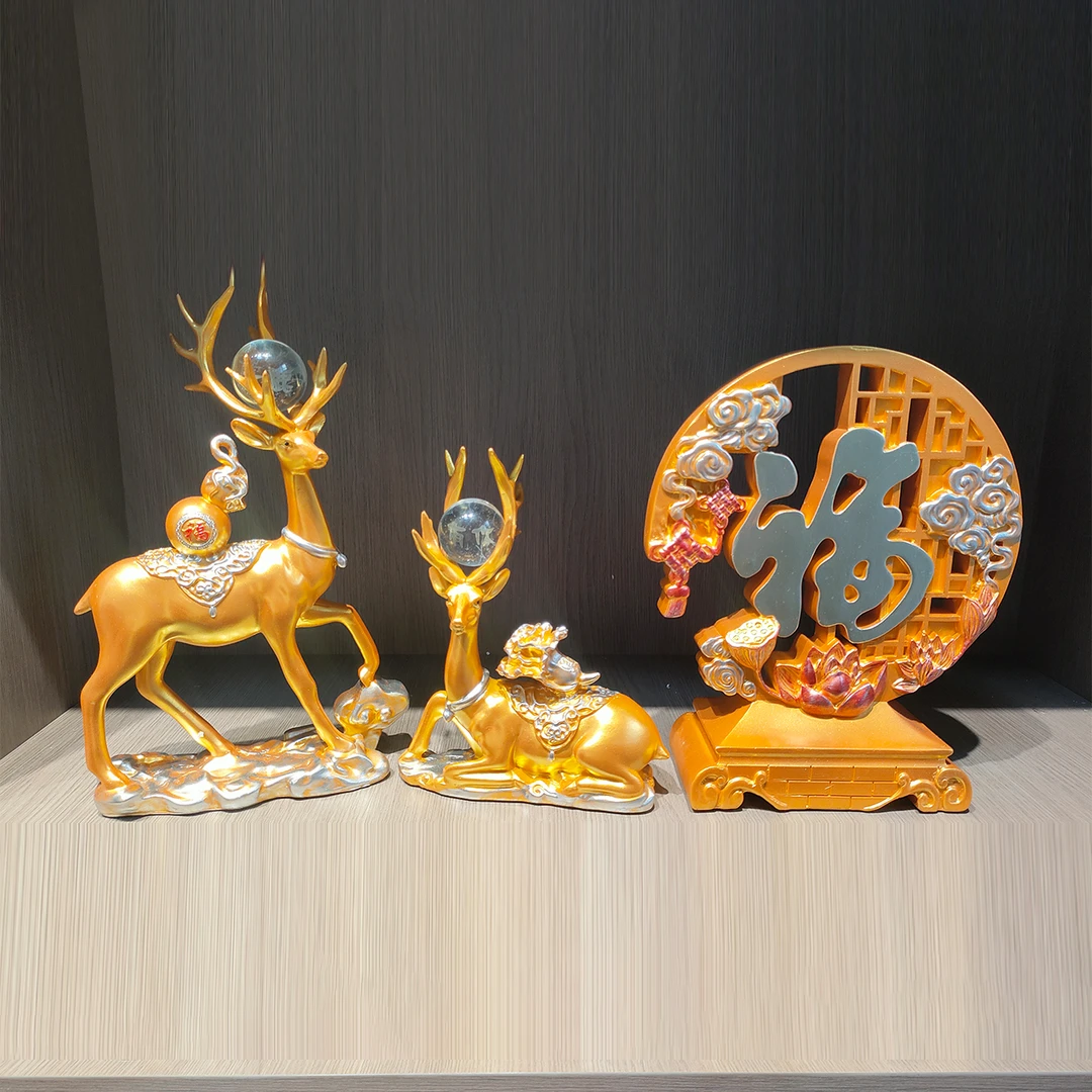 福鹿摆件高档玄关乔迁礼品福鹿三件套摆件新居礼物客厅电视柜摆件