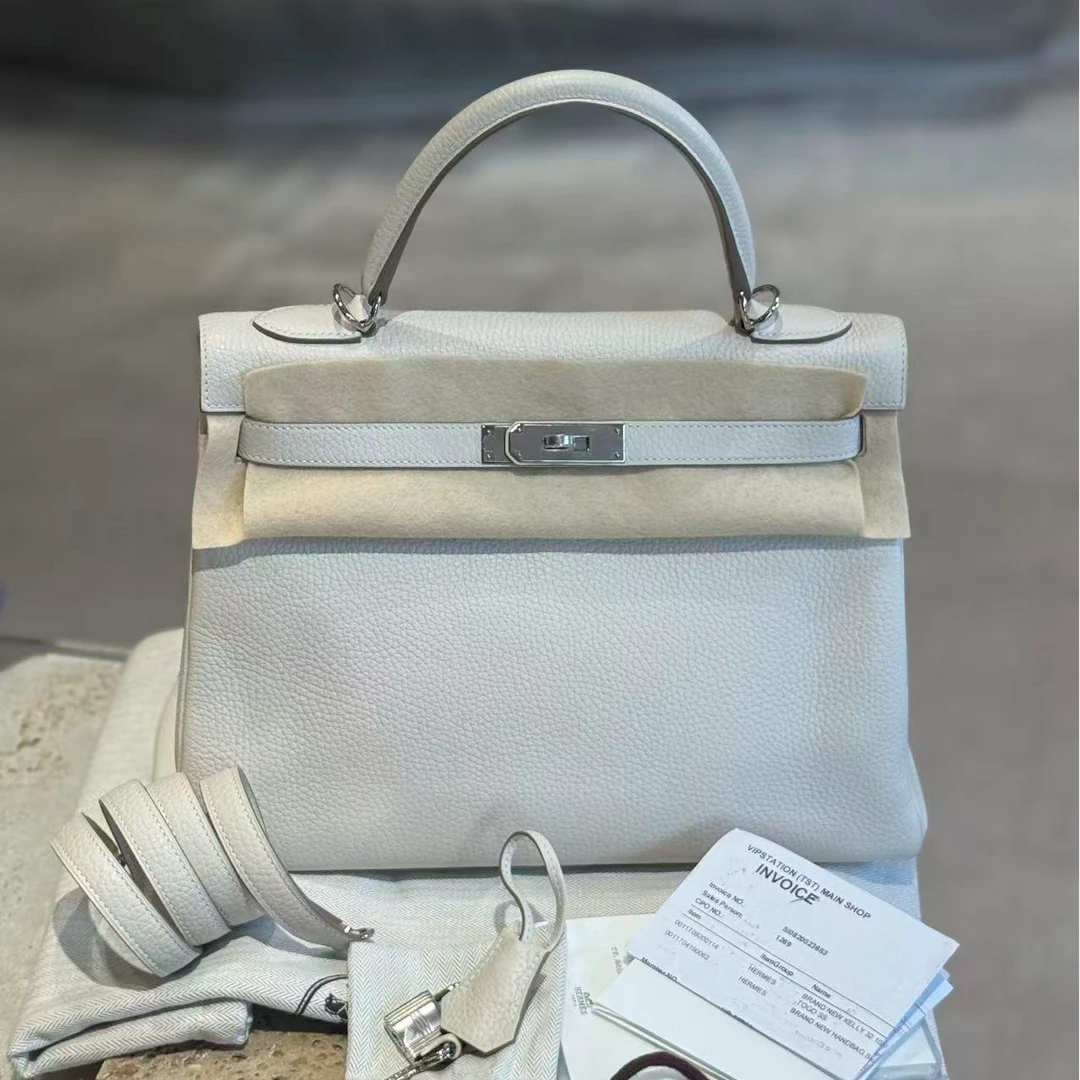 95新 Hermes/爱马仕 kelly32 奶昔白 银扣 togo A/110210