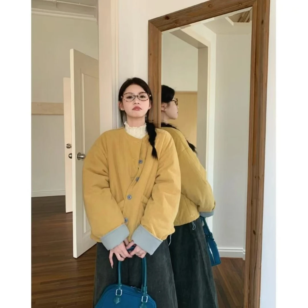 两面穿灯芯绒棉衣外套女冬季加厚保暖宽松百搭外套-053