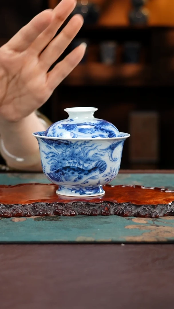 望月怀古淡海水满绘鱼藻岩茶盖碗