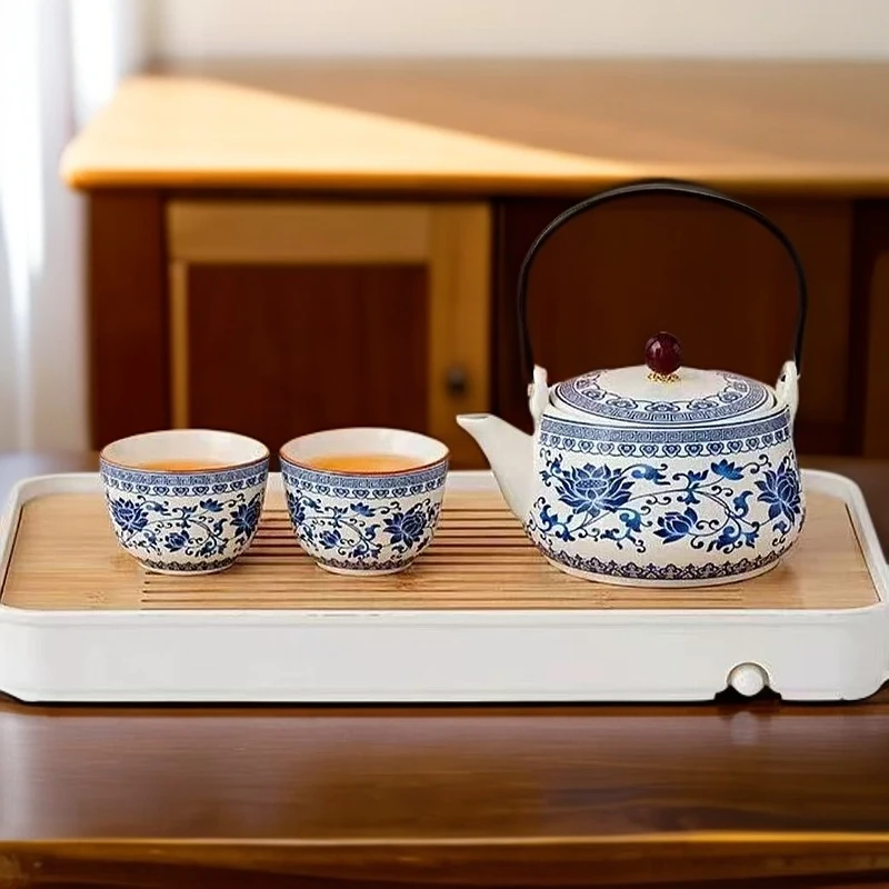 宽口青花-缠枝莲提梁壶泡茶2776【一壶两杯】茶壶茶具茶具套装家用