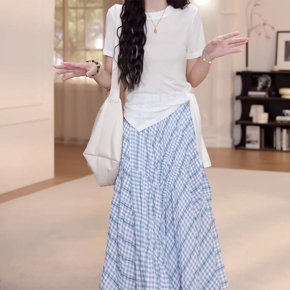 【山间经纬】显瘦气质松紧腰斜纹不规则格子半身裙