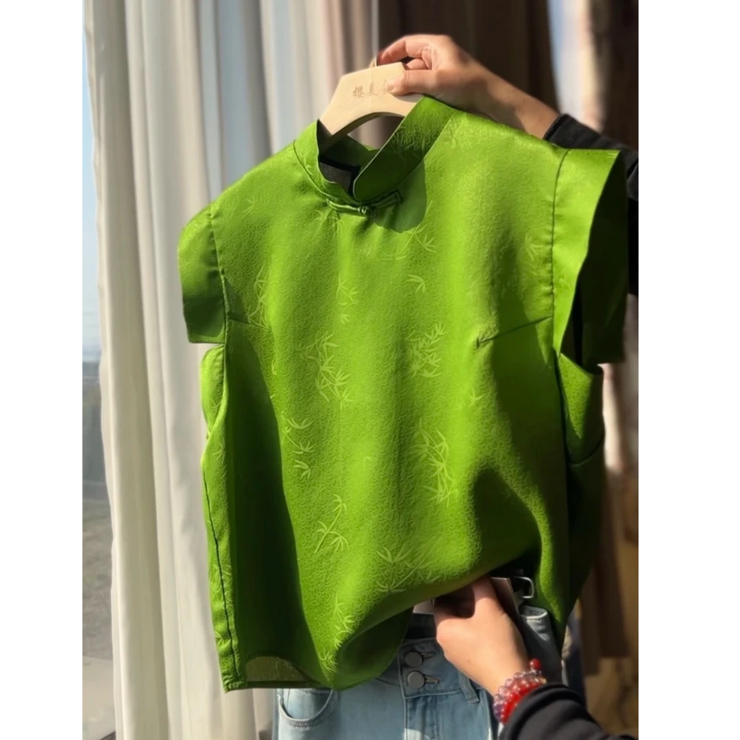 【DY2136】复古绿飞飞袖香云纱小飞袖百搭上衣国风显瘦时尚气质女装