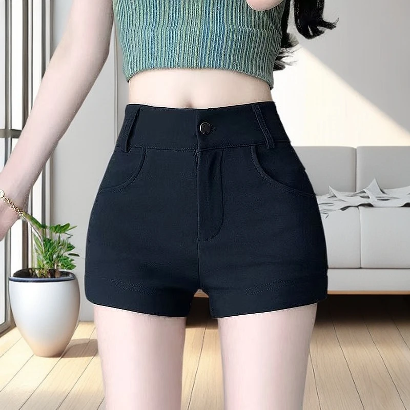 黑色短裤女2025春夏新款外穿高腰显瘦a字紧身小黑裤弹力辣妹热裤