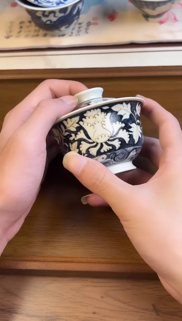 问青坊纯手工手绘青花釉里金柴窑二才盖碗