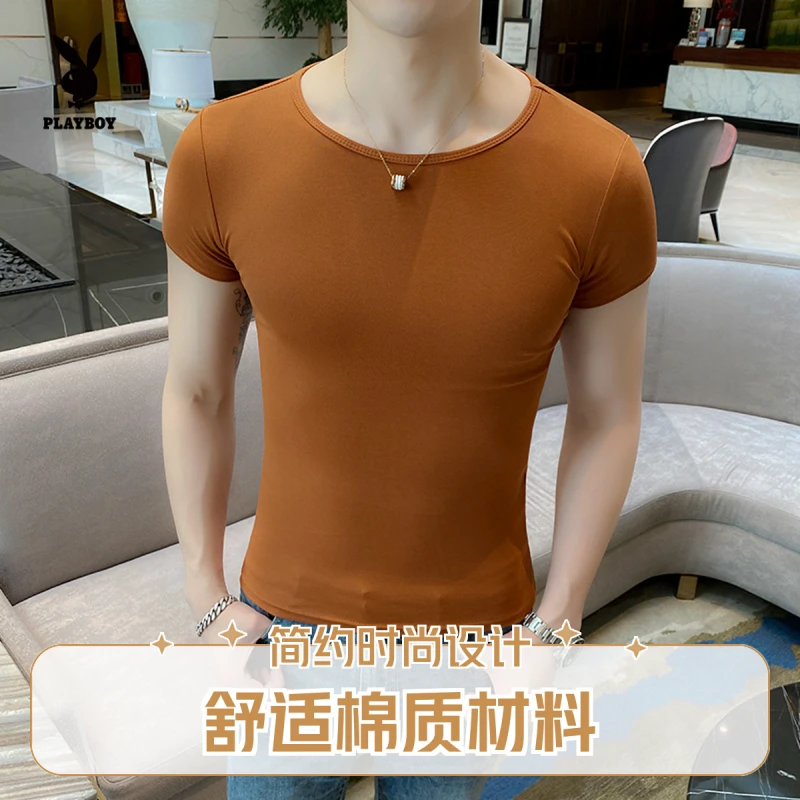 男士短袖青年夏季圆领修身短袖T恤弹力健身男士透气纯色