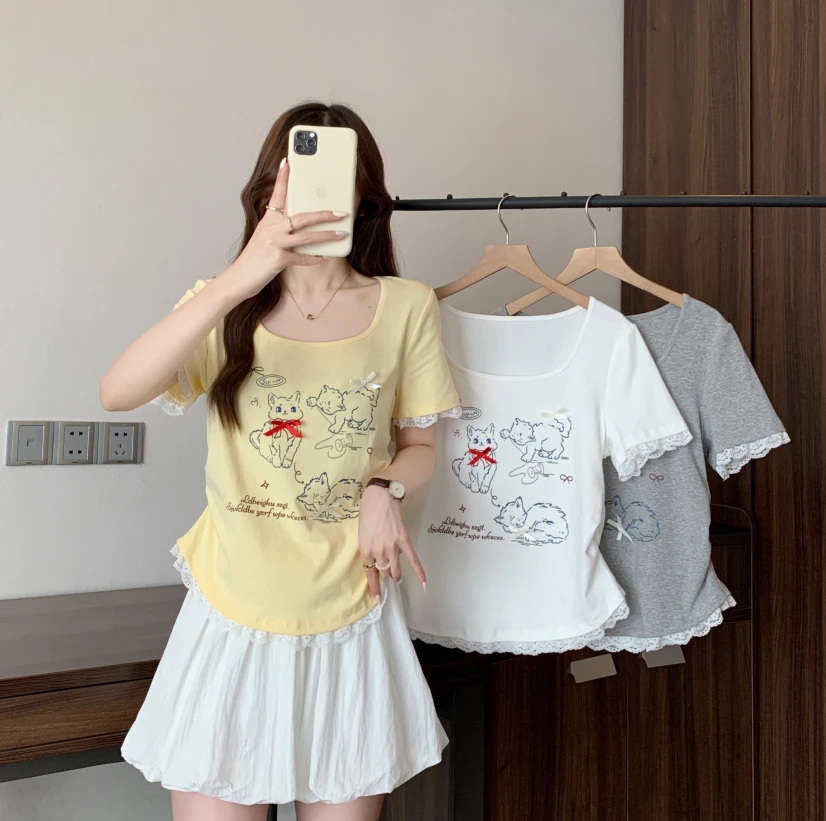 2025夏季新款胖mm大码女设计感蕾丝拼接时尚百搭短袖上衣A1607