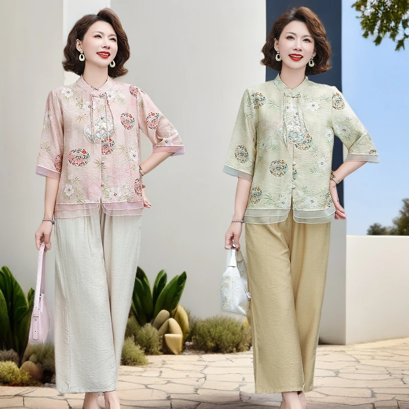 民族风复古气质短袖衬衫九分裤两件套休闲中老年女时尚百搭妈妈装