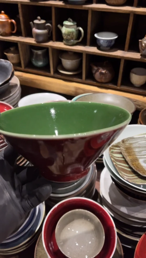 【闪购商品】瓷片166微瑕外红内绿斗笠面碗1个