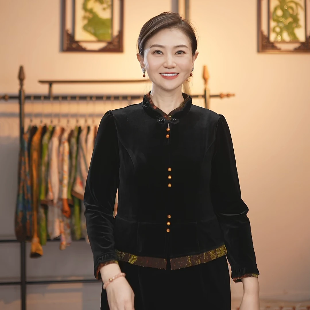 中老年女装盘扣立领网红薄款长袖优雅端庄妈妈喜婆婆丝绒中长款