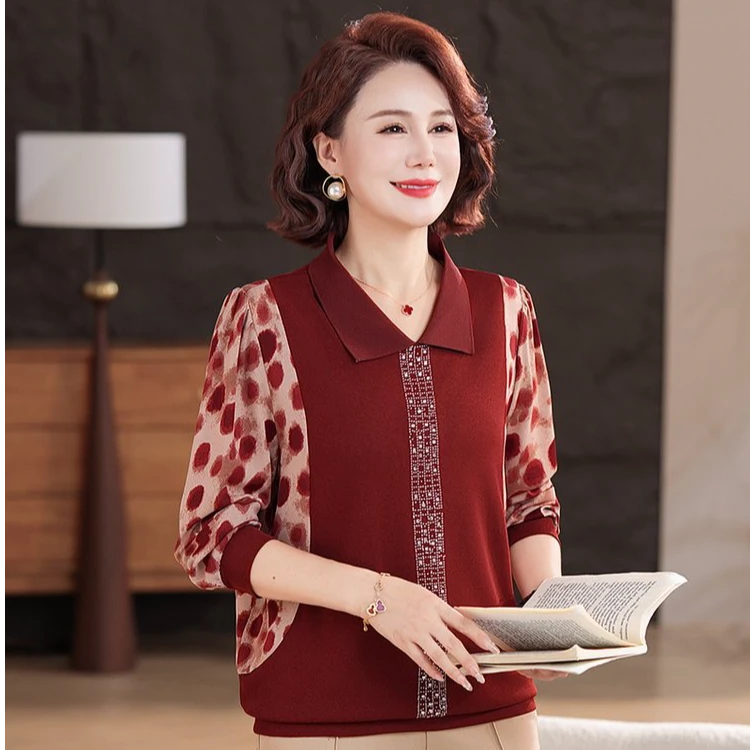 妈妈装小衫翻领秋季长袖时尚拼接套头针织衫打底衫中老年女装套装
