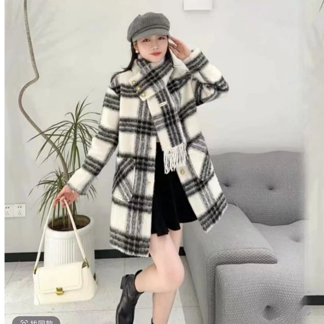 休闲风中长款毛呢外套女开衫秋冬加厚呢子外套+围巾24015【衣长79】