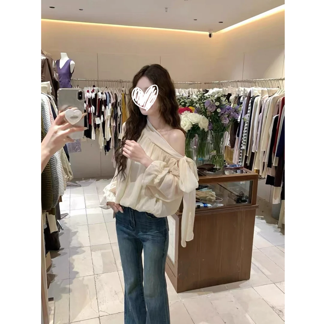 早秋新款洋气温柔千金感灵动飘逸斜肩外穿设计感绑带衬衫女