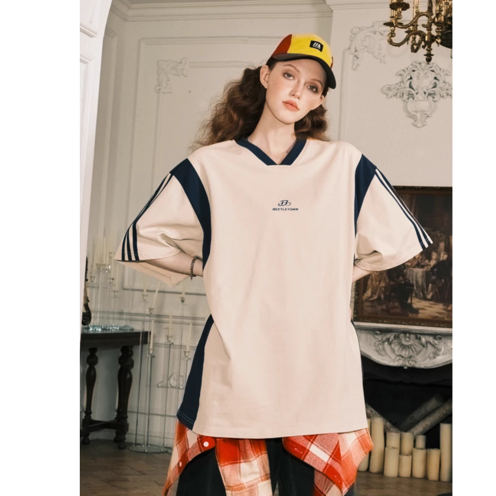 【实力蛋】美式高街撞色V领短袖T恤夏季拼接插肩半袖t宽松上衣