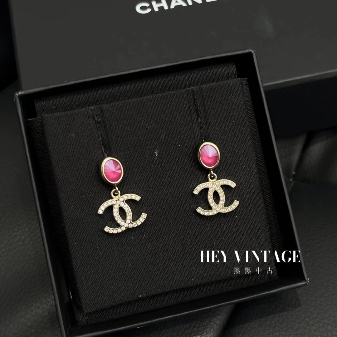 95新 Chanel/香奈儿 粉色钻钻双C耳钉  7931644