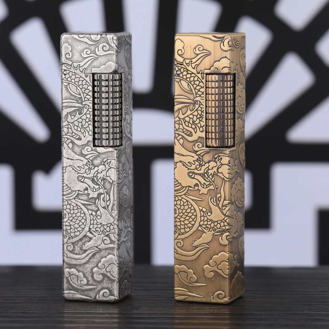 好运达四方柱古银色青铜色祥云龙黄铜煤油打火机高档侧滑经典男士