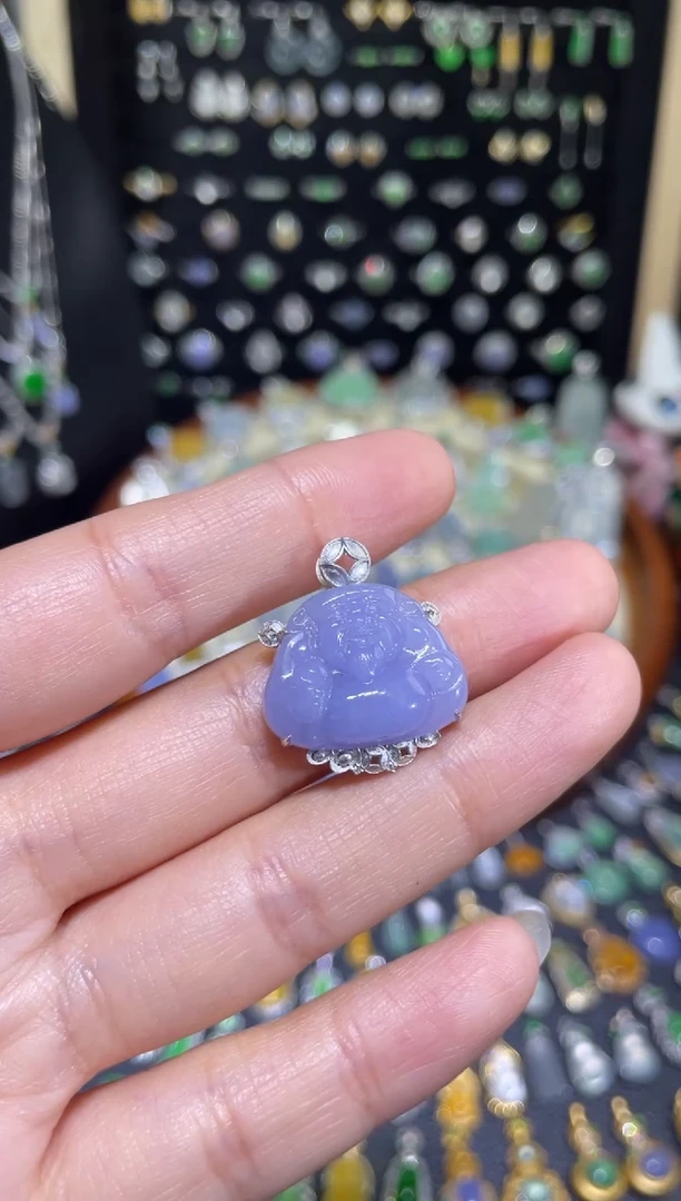 颈饰18K金镶嵌翡翠红春紫财神吊坠