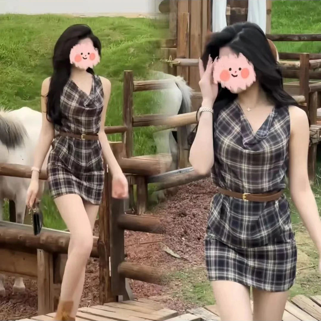 2025夏季新款复古格纹无袖上衣+高腰显瘦半身裙时尚气质两件套女