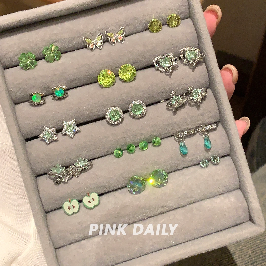 钛钢锆石耳饰 Pink Daily绿色爆闪华子锆石钛钢耳骨钉女高级感
