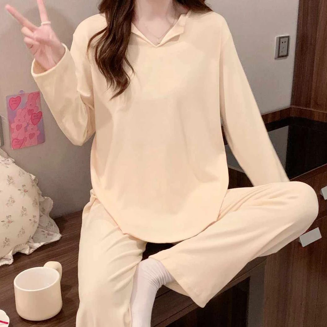 秋冬季德绒睡衣女款长袖纯色网红风休闲保暖简约套装春秋款家居服