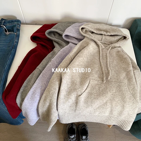REKAYYAT“七里香”绵羊毛韩系休闲时尚宽松舒适纯色连帽毛衣针织衫