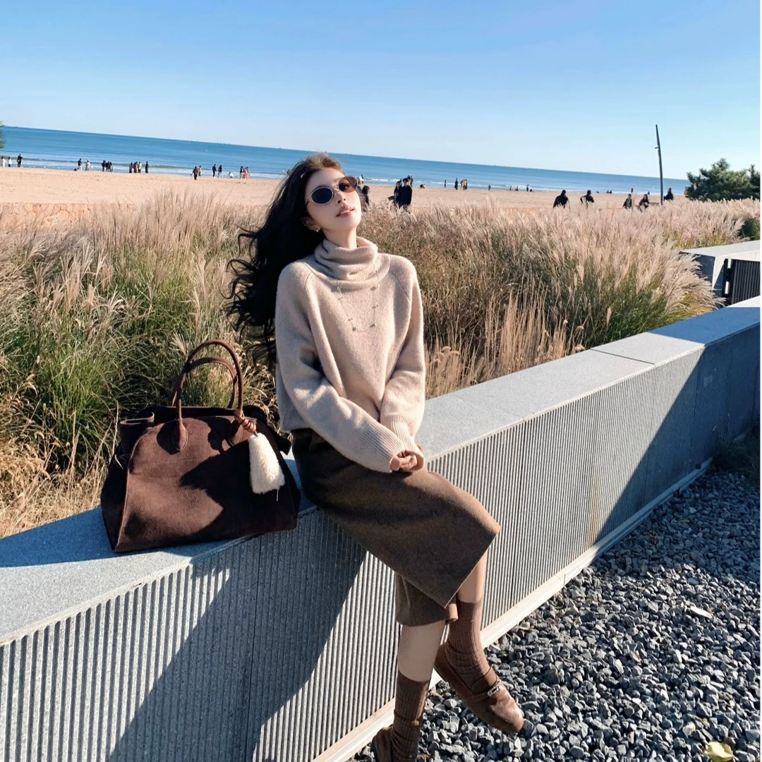 慵懒风宽松高领长袖外穿针织毛衣上衣气质显瘦洋气休闲长裤套装女