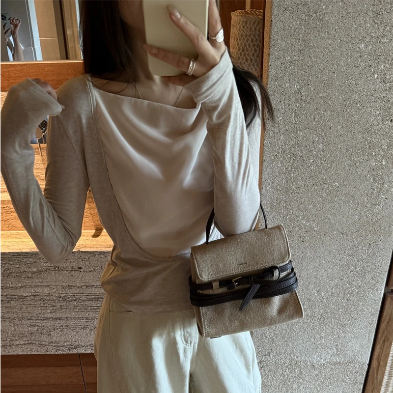 YPP!【柏林初秋】韩系简约拼色假两件T恤女秋设计感荡领修身上衣