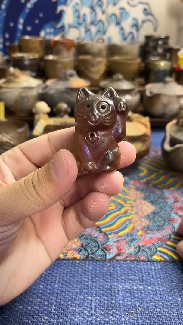猫摆件日式备前烧茶具茶周边