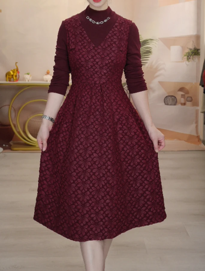 X0910 中长裙时尚褶皱连衣裙纯色裙子收腰冬季拼接显瘦长裙