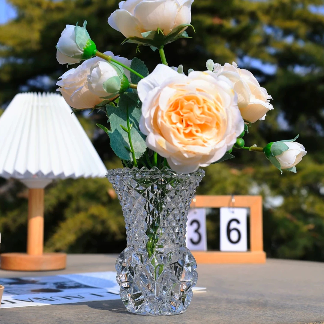 ins风菱形花瓶摆件客厅插花高级感轻奢水晶玻璃透明水培鲜花