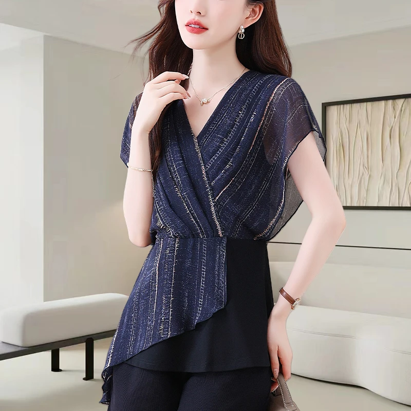 中长款V领短袖雪纺衫女士2025夏季新款时尚收腰显瘦别致小衫上衣