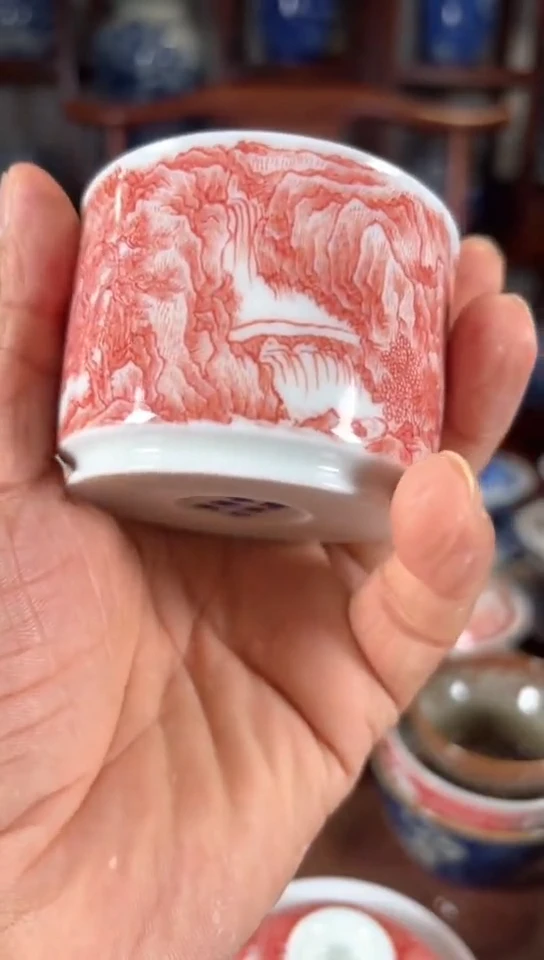 柴窑釉里红山水融天杯杯