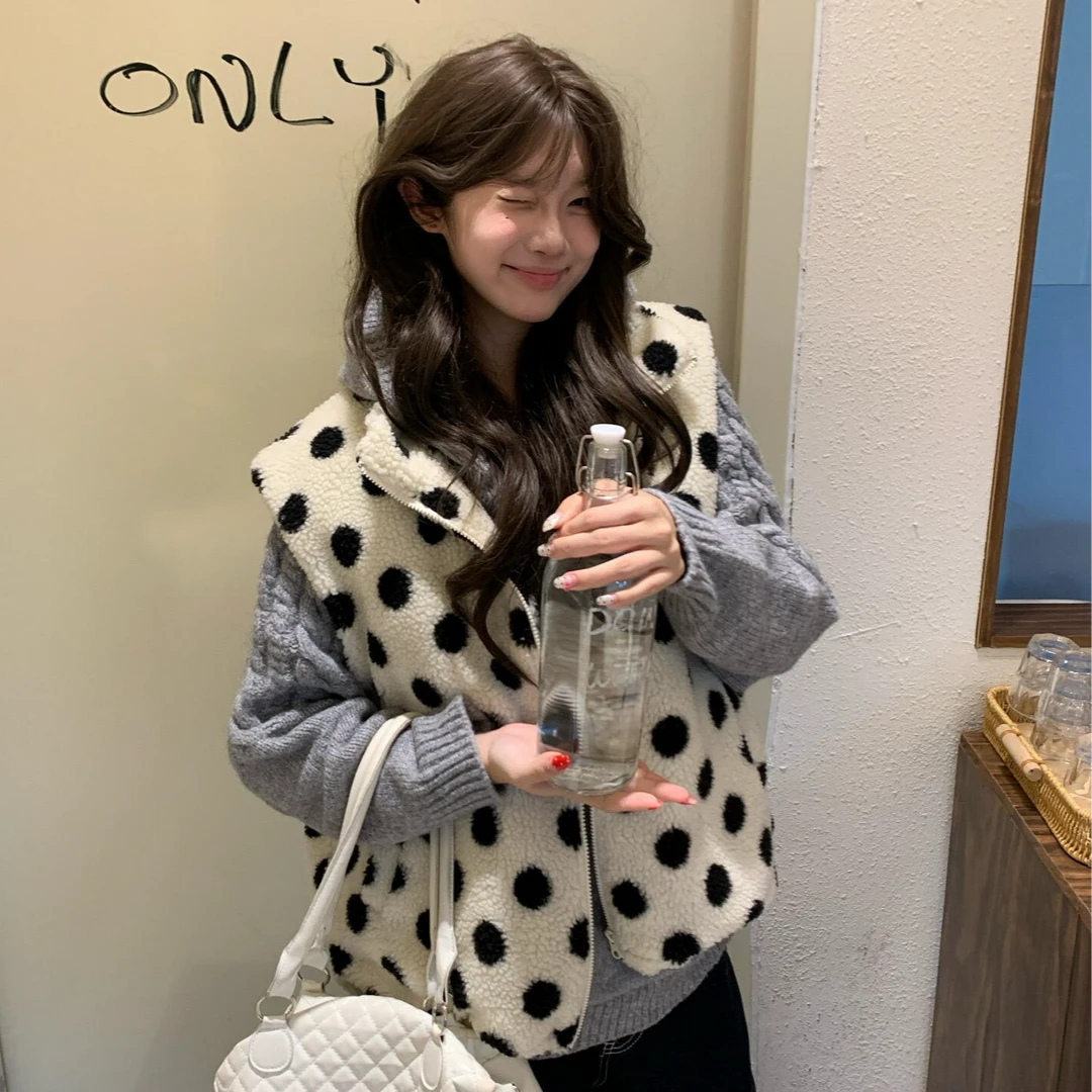 美式复古坎肩波点羊羔绒棉马甲女秋冬休闲百搭保暖外套N马夹加厚