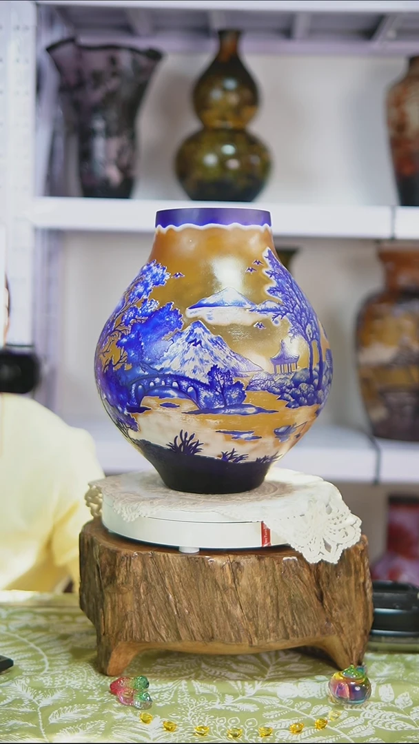 琉璃【17】琥珀蓝色风景格雷花瓶