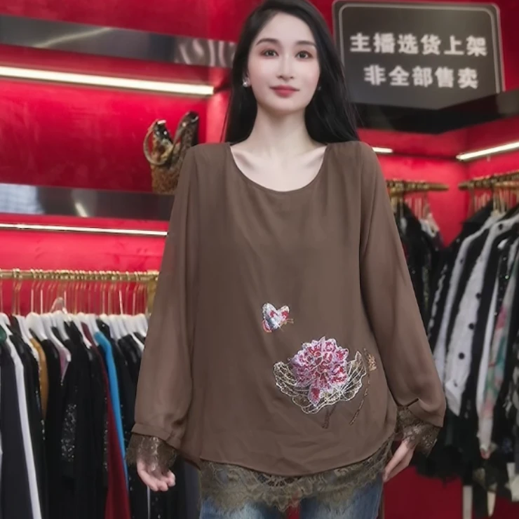 丽丽家 禅意新款烫钻显示遮肉蕾丝时尚百搭拼接长袖上衣