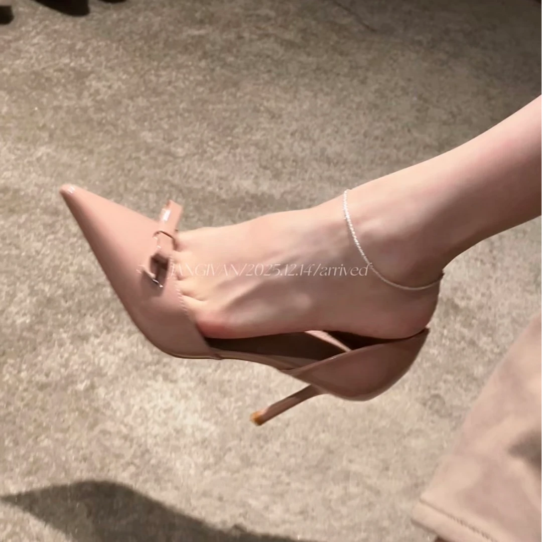 甜心版～江亦晚·2025新裸色蝴蝶结尖头高跟鞋女细跟浅口气质单鞋