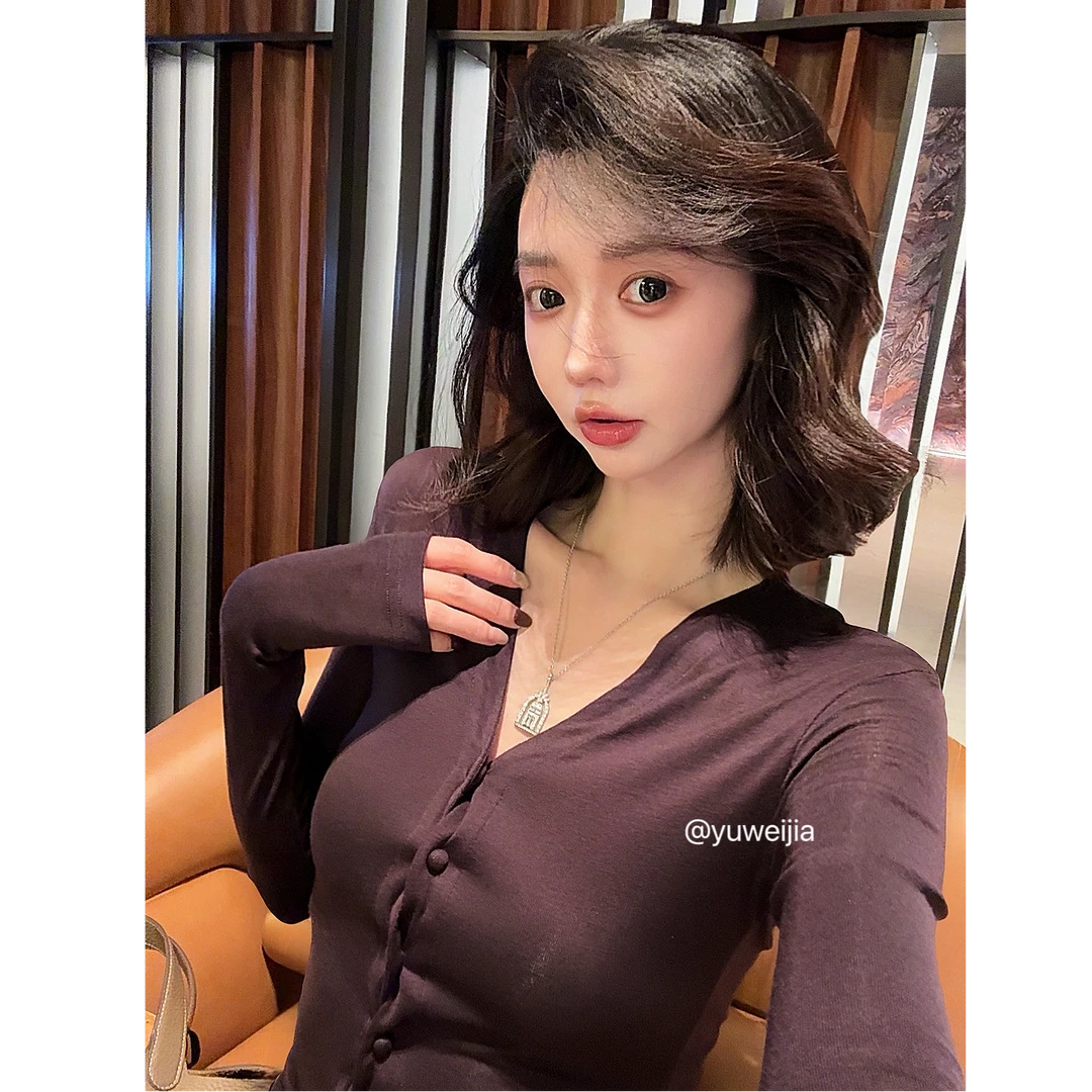 『GTYU』79%天丝17%羊毛 扭扭结门襟 长袖打底开衫女T恤 修身