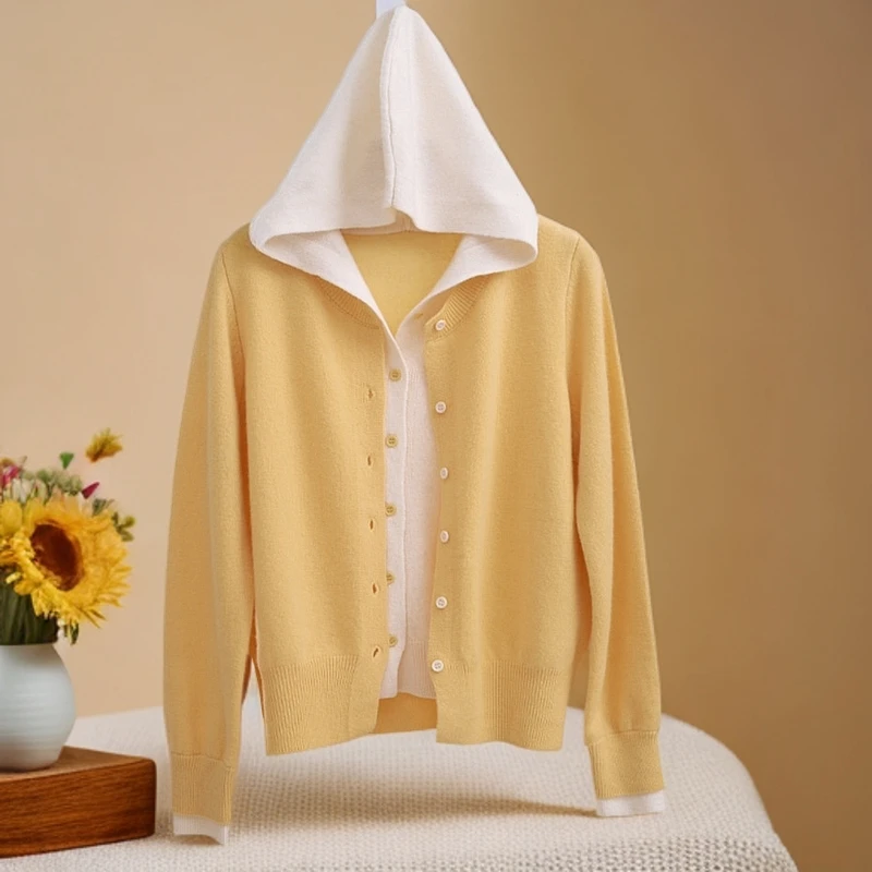 复古撞色拼接假两件针织开衫女秋冬时尚洋气百搭高级感长袖