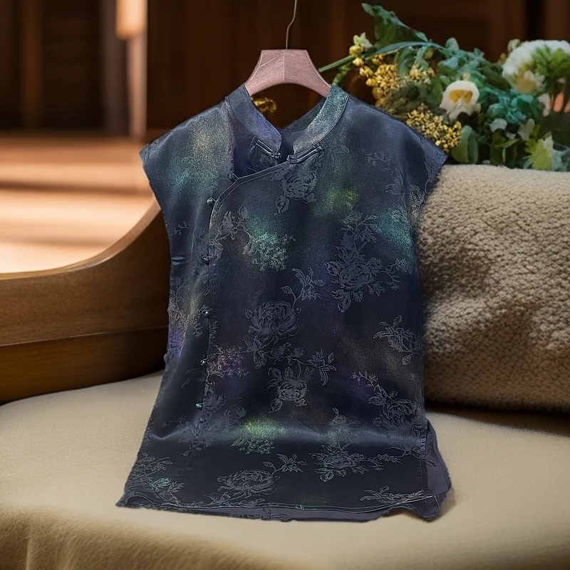 国风满分桑蚕丝香云纱五彩斑斓的黑 猫眼奥黛高定 无袖上衣小衫