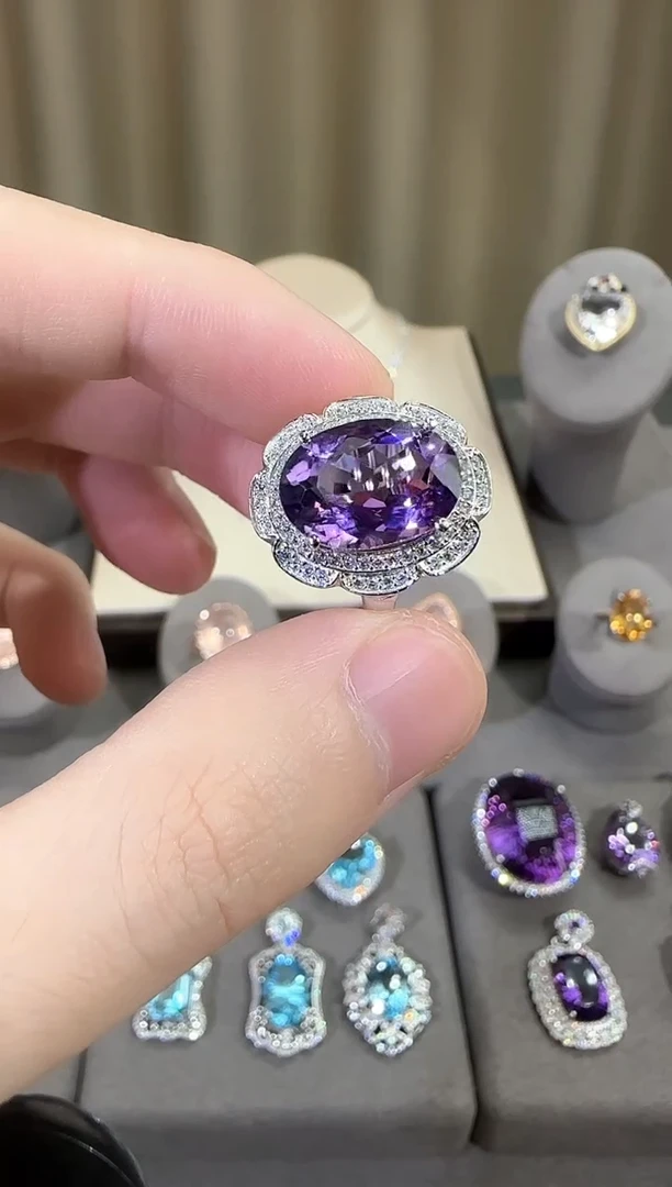 银S925镶嵌戒指紫晶10*14mm戒指豪镶设计款