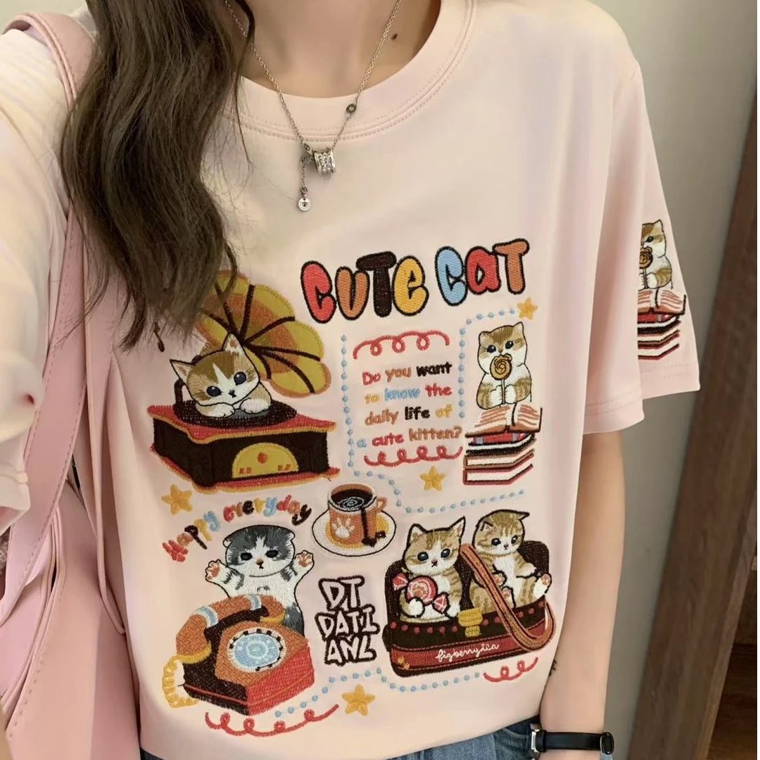【豆豆】T610#DT家夏季新款卡通音乐小猫咪重工刺绣百搭圆领短袖
