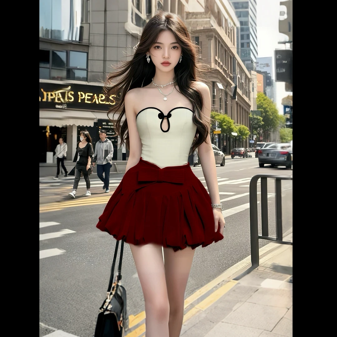 韩系气质女神夏季新款设计感一字肩抹胸连衣裙女收腰显瘦半身裙