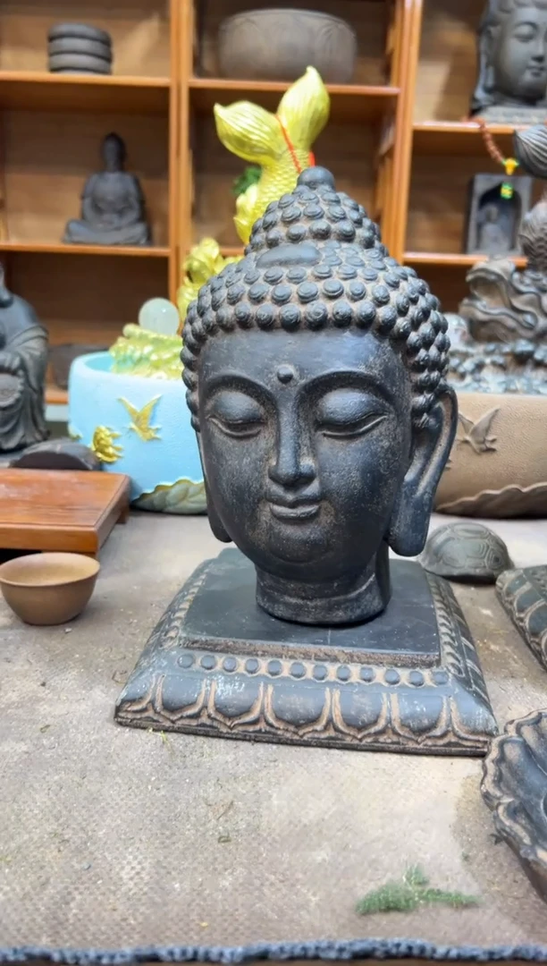 陶土小佛首+莲花底座