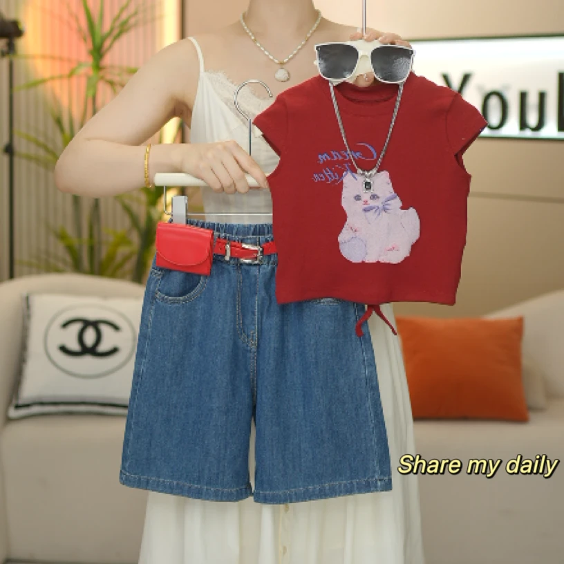 【果妈家】女童2025夏季新款洋气上衣+薄款五分牛仔中裤两件套-6199